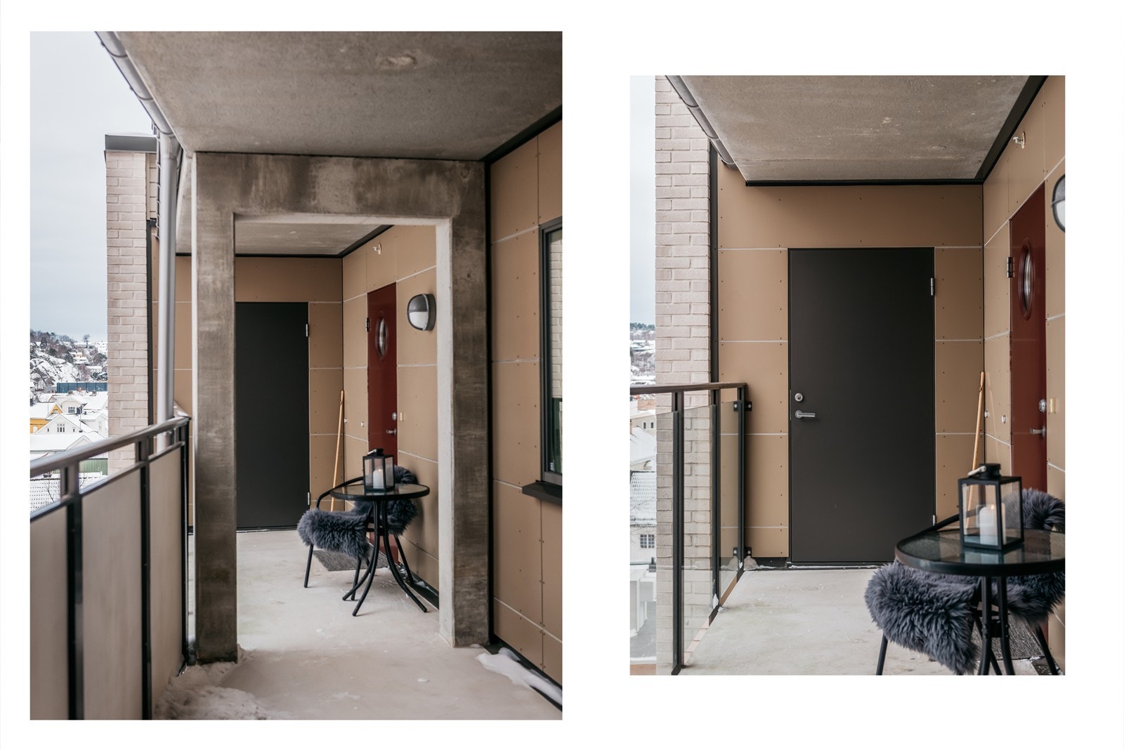 Svalgang ved inngangspartiet til leiligheten med dør inn til egen praktisk bod. Galleribilde