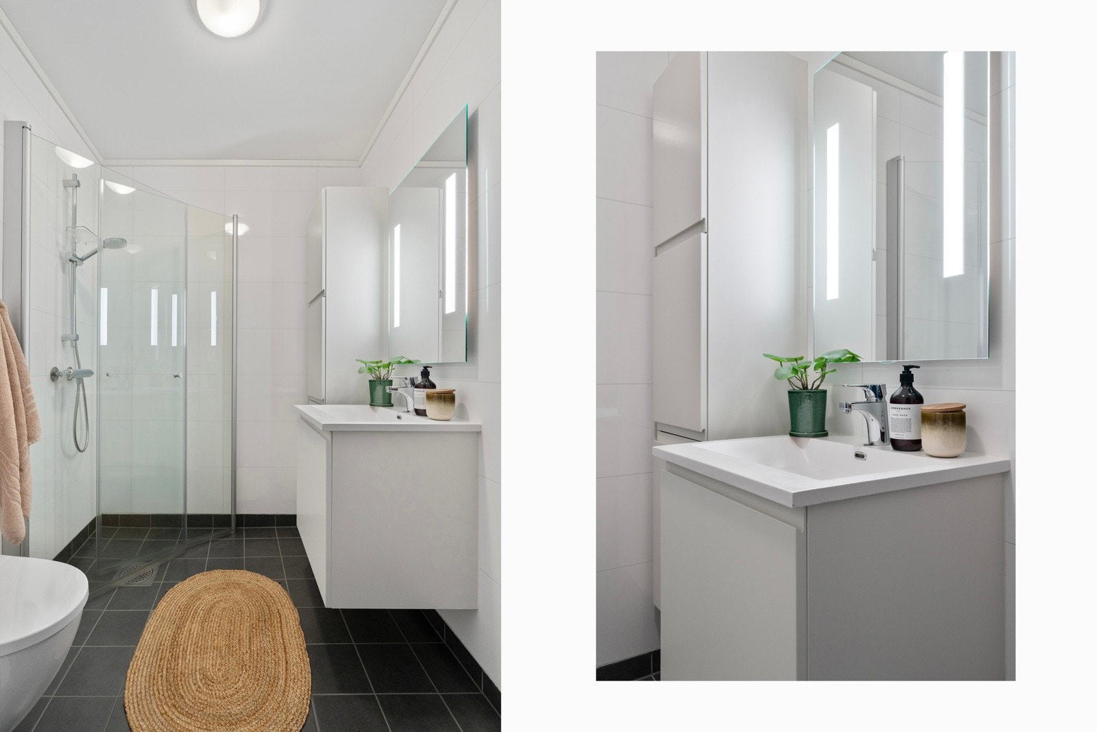 Delikat flislagt bad med dusjhjørne. Boligen har bad i hver etasje.