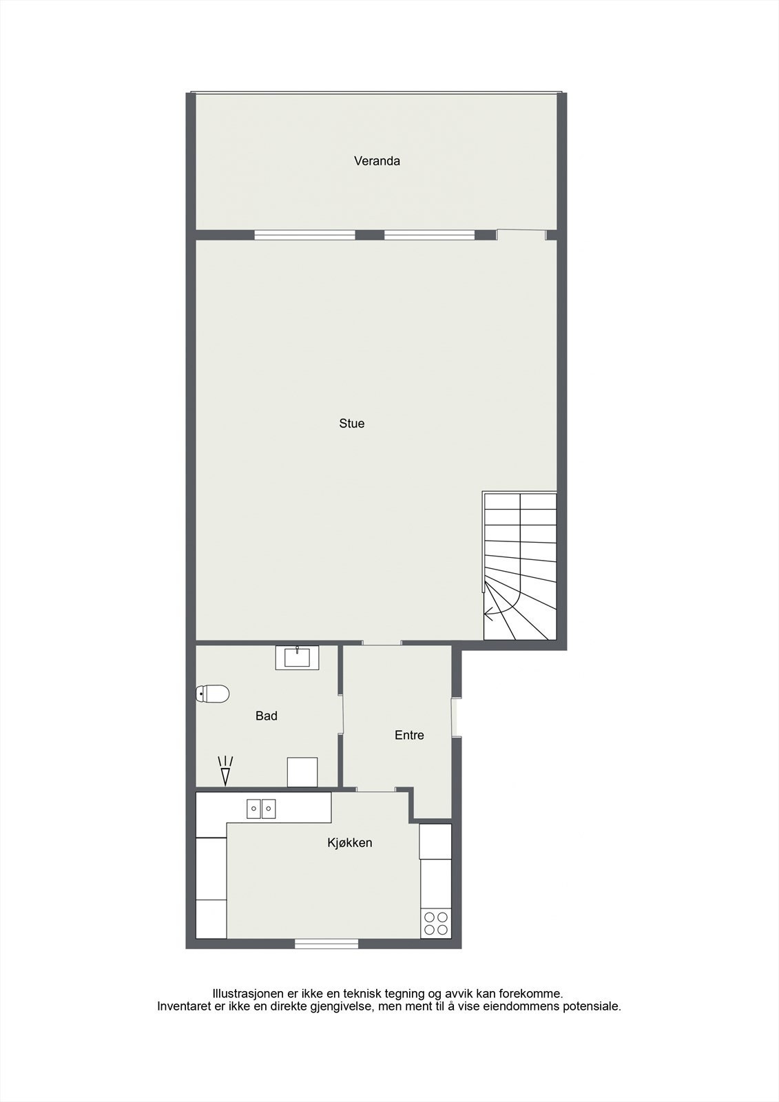 Hovedetasjen har en sosial planløsning med stue, kjøkken, bad og entré. Galleribilde