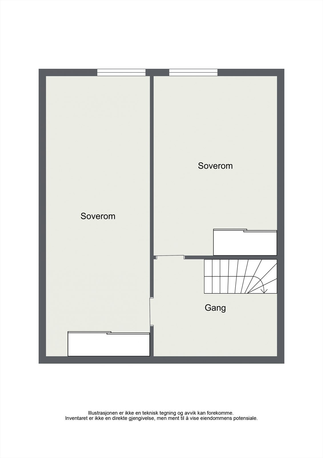 Underetasjen er innredet med gang og to soverom. Galleribilde