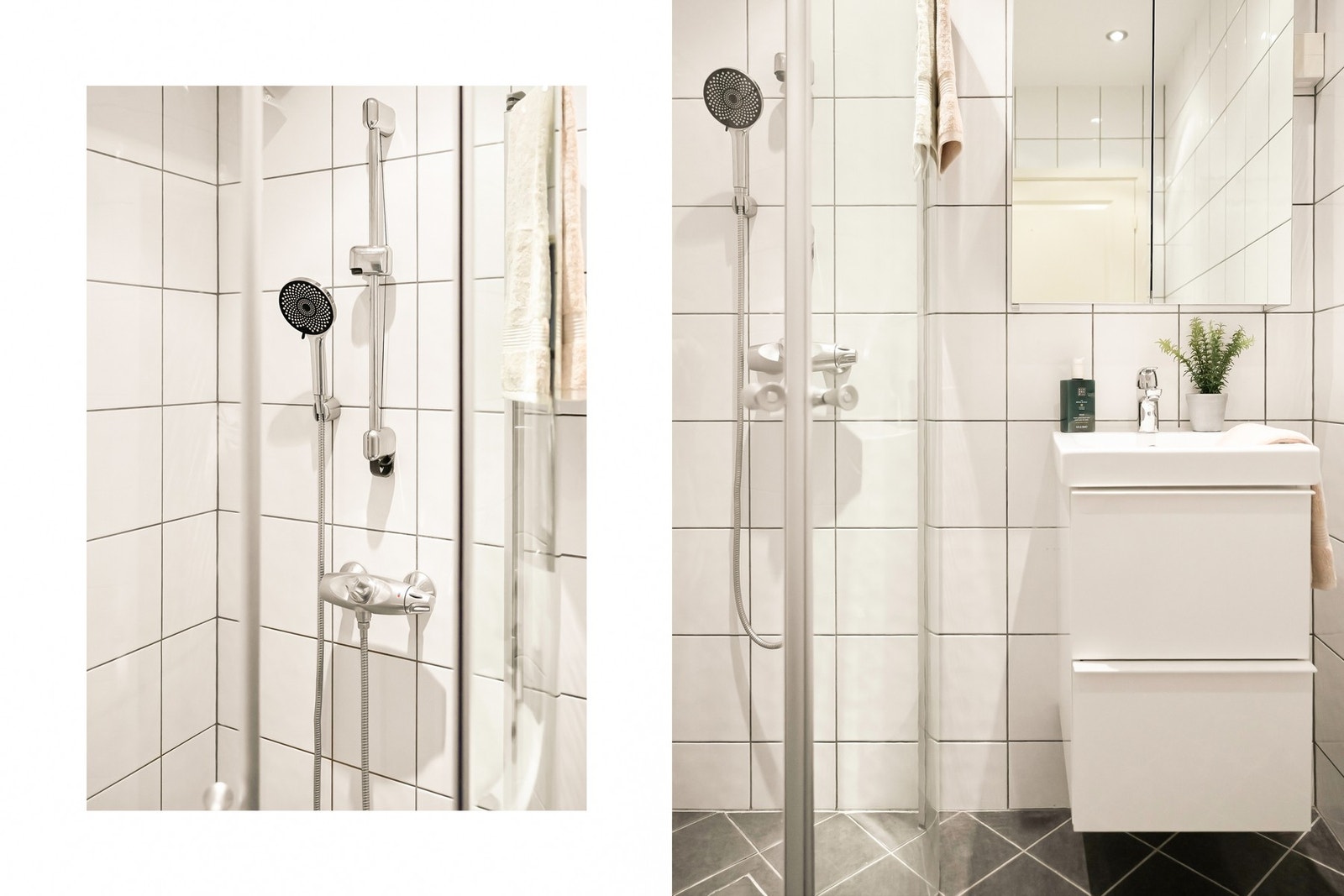 Badet er utstyrt med servant, skap med speil, toalett og dusjhjørne Galleribilde