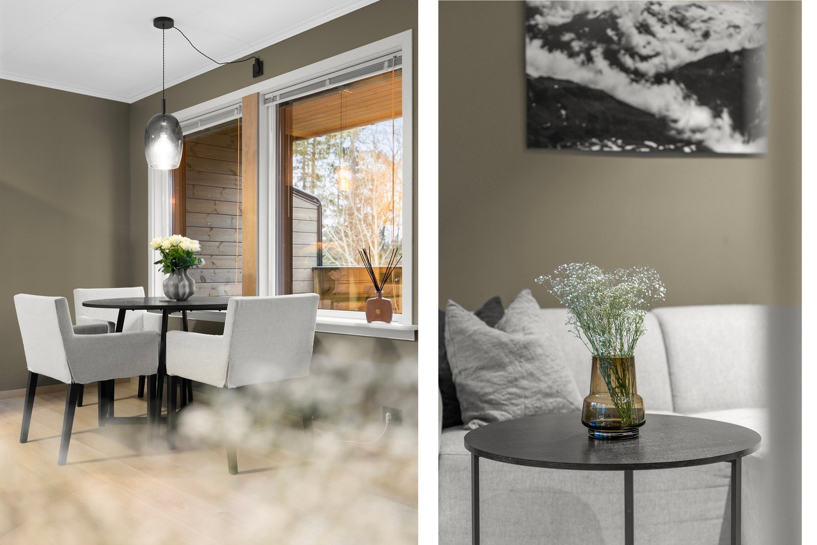 Mellom stuen og kjøkkenet har dagens eier plassert en spisegruppe som skaper en behagelig overgang mellom rommene. Galleribilde