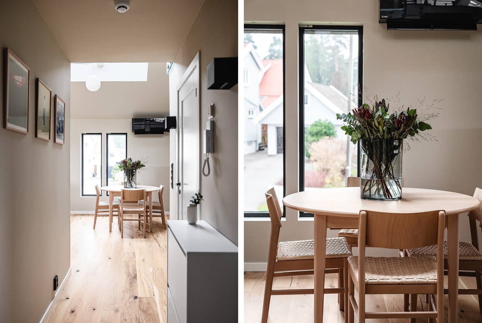 Det er enstavs eikeparkett på gulver, slette overflater på vegg og himling i moderne farger. Galleribilde