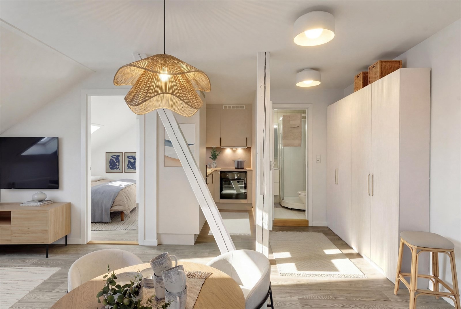 Åpent kjøkken mot stue for sosial løsning (Digitalt stylet bilde) Galleribilde