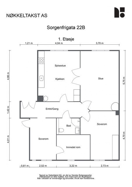 Plantegning. Boligen inneholder kjøkken, stue, 2 soverom, bad, innredet rom og entré/gang. Galleribilde