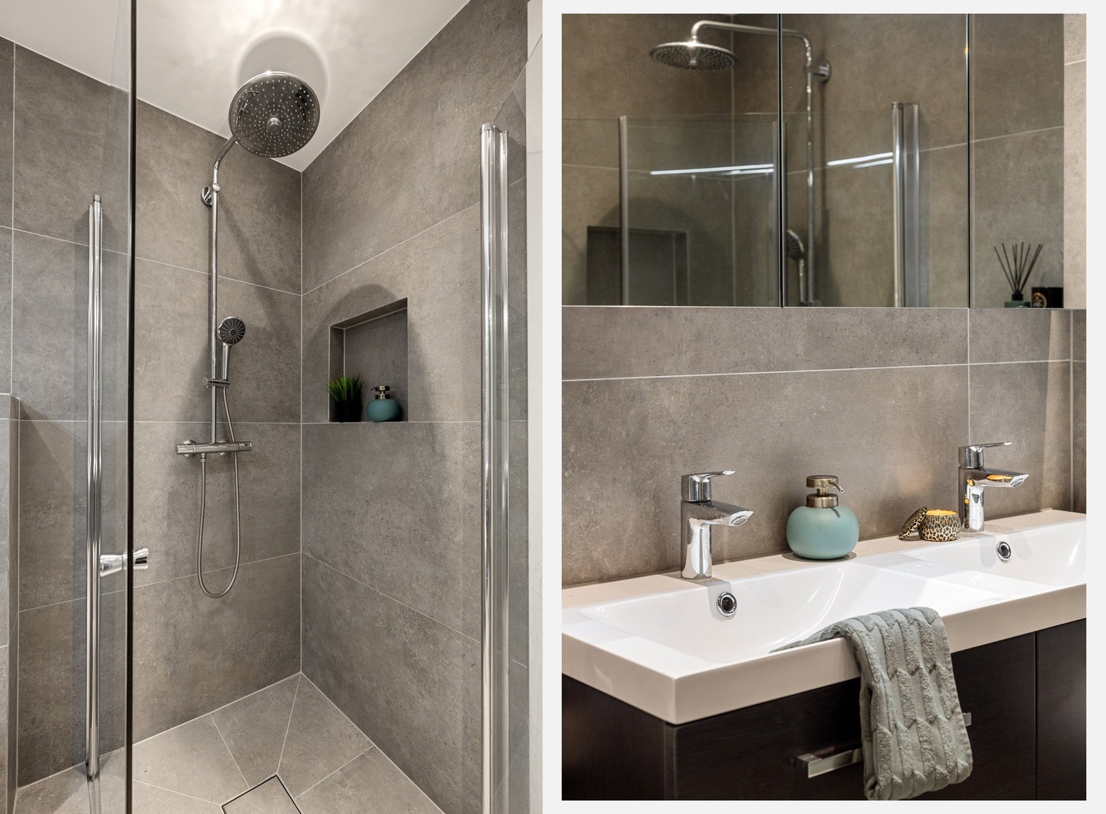 I tillegg til badekar, har baderommet stort dusjhjørne med regnfallsarmatur Galleribilde