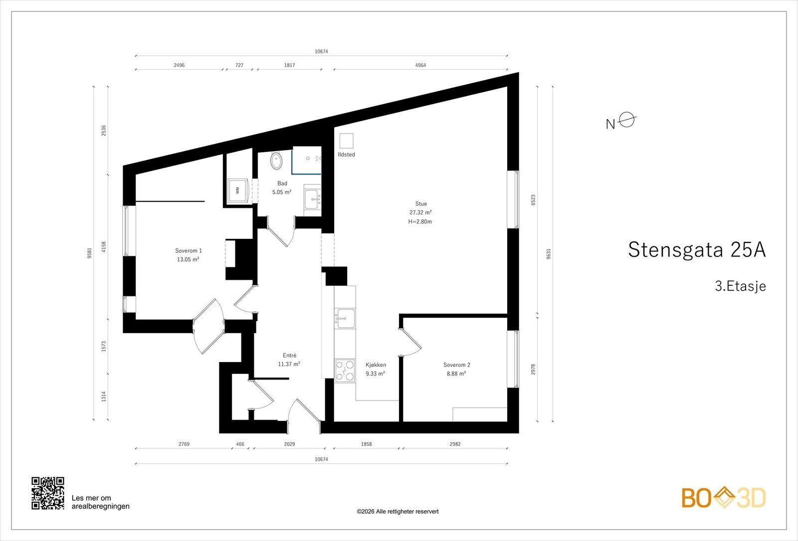 Før vi blar videre tar vi en titt på boligens planskisse slik at du får orientert deg litt. I tillegg til innvendig areal, disponerer boligen 2 boder på totalt 13 kvm. Galleribilde