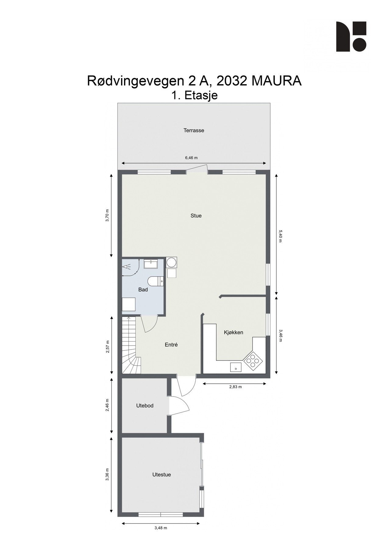 Plantegning 1. Etasje. God bokomfort med varmekabler i alle rom i etasjen - unntatt utebod og utestue. Galleribilde