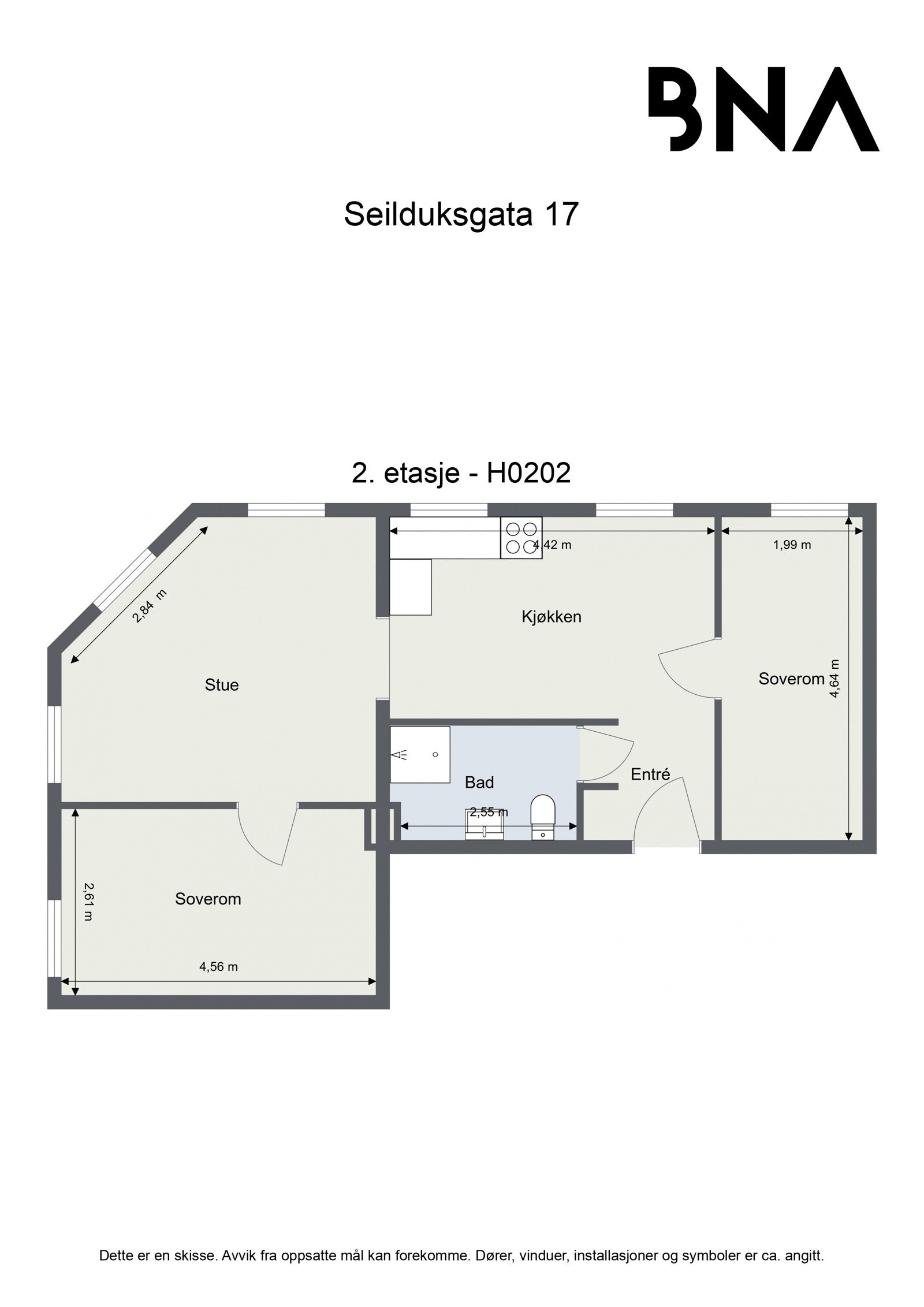 Plantegning. Leiligheten disponerer også to loftsboder på totalt ca. 11 kvm Galleribilde