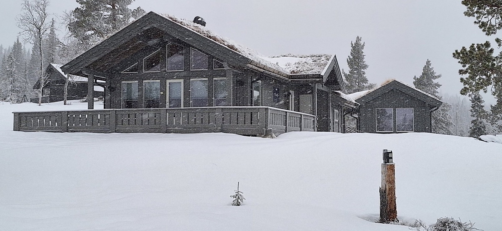 Hoved hytte og anneks på vinterstid mot sør Galleribilde