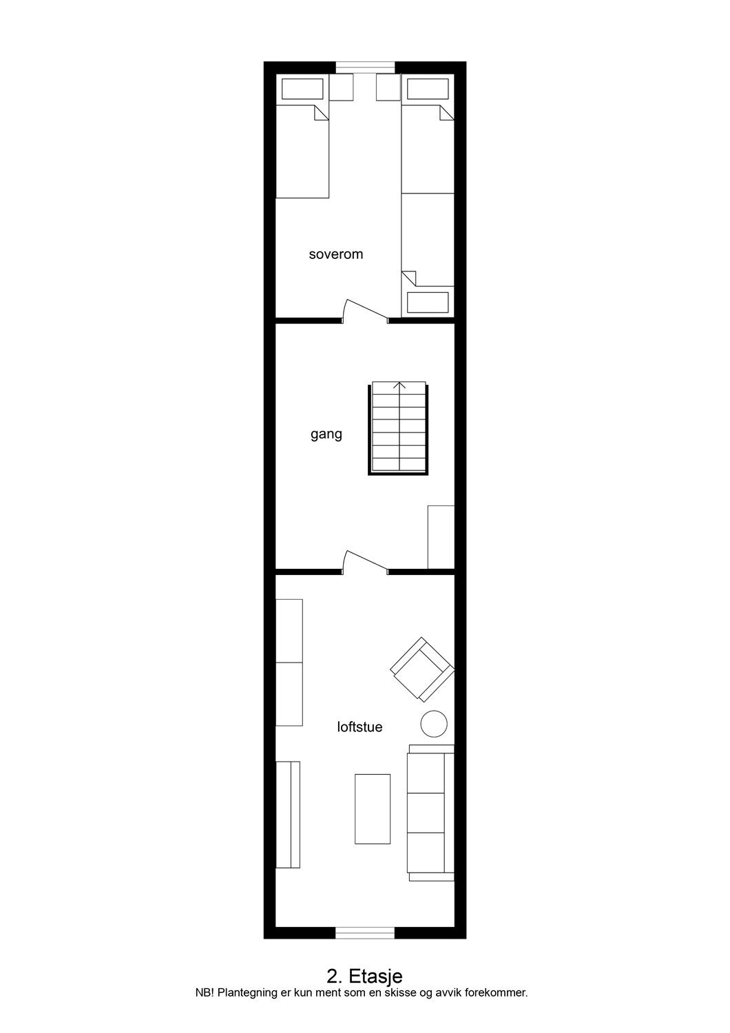 Plantegning loft (ikke målbart areal pga takhøyde, men brukes som soverom og loftstue/soverom)) Galleribilde
