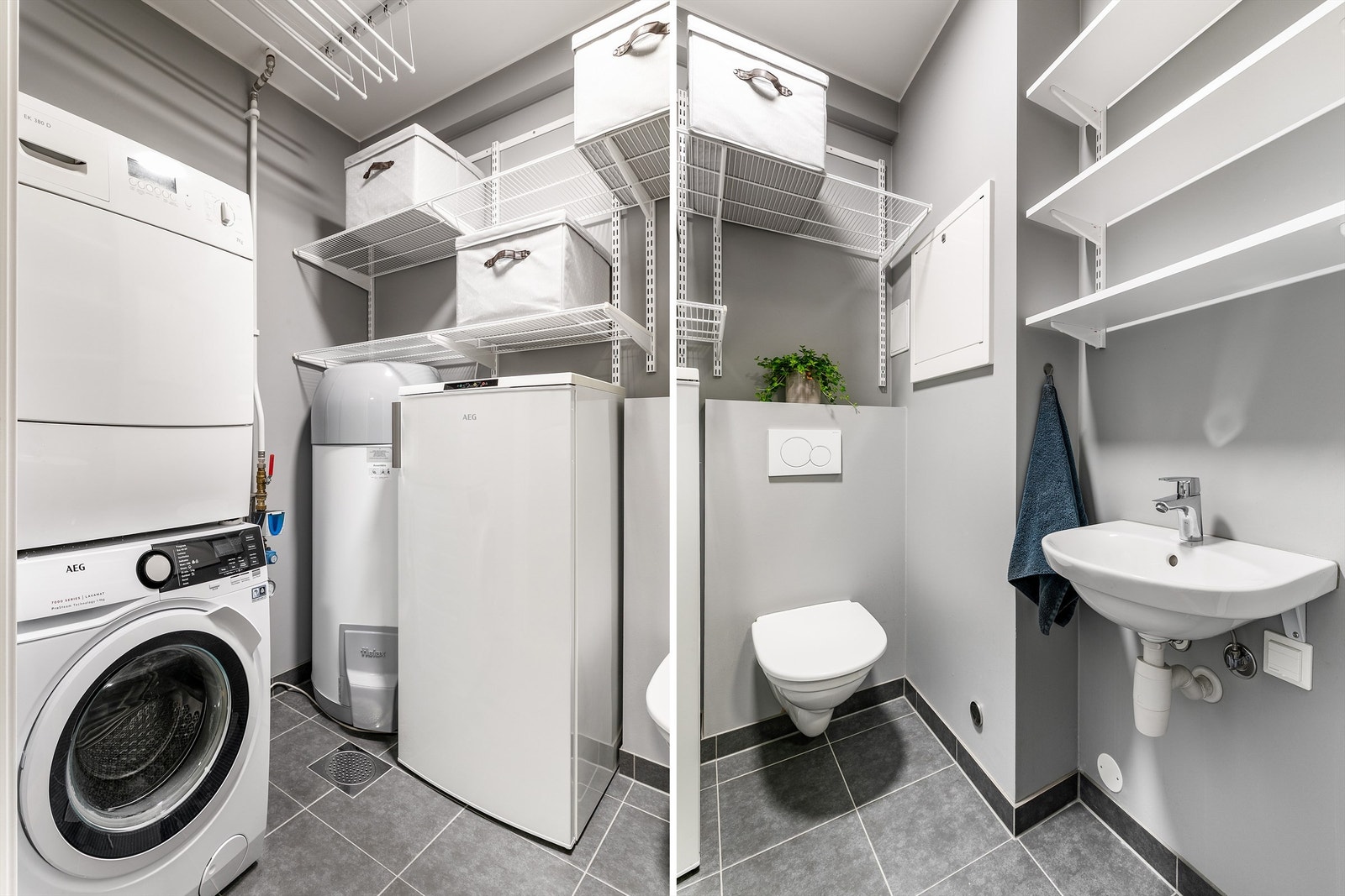 Teknisk rom i første etasje er tilrettelagt for kombinert bruk som vaskerom og toalettrom. Her er det også ekstra plass til oppbevaring. Galleribilde