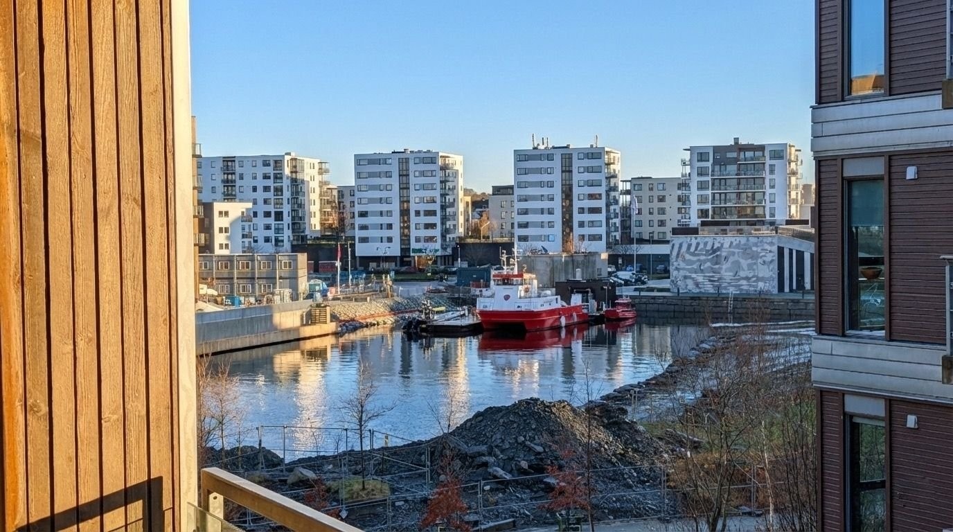 Kjekk balkong med ettermiddags- og kveldssol og sjøgløtt Galleribilde