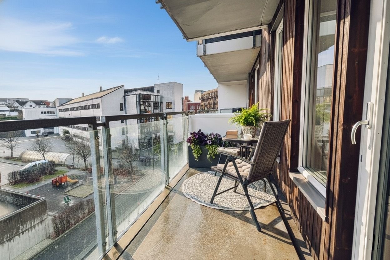 Nyt morgenkaffen med utsikt mot sjøen og parken fra den lune, overbygde balkongen Galleribilde