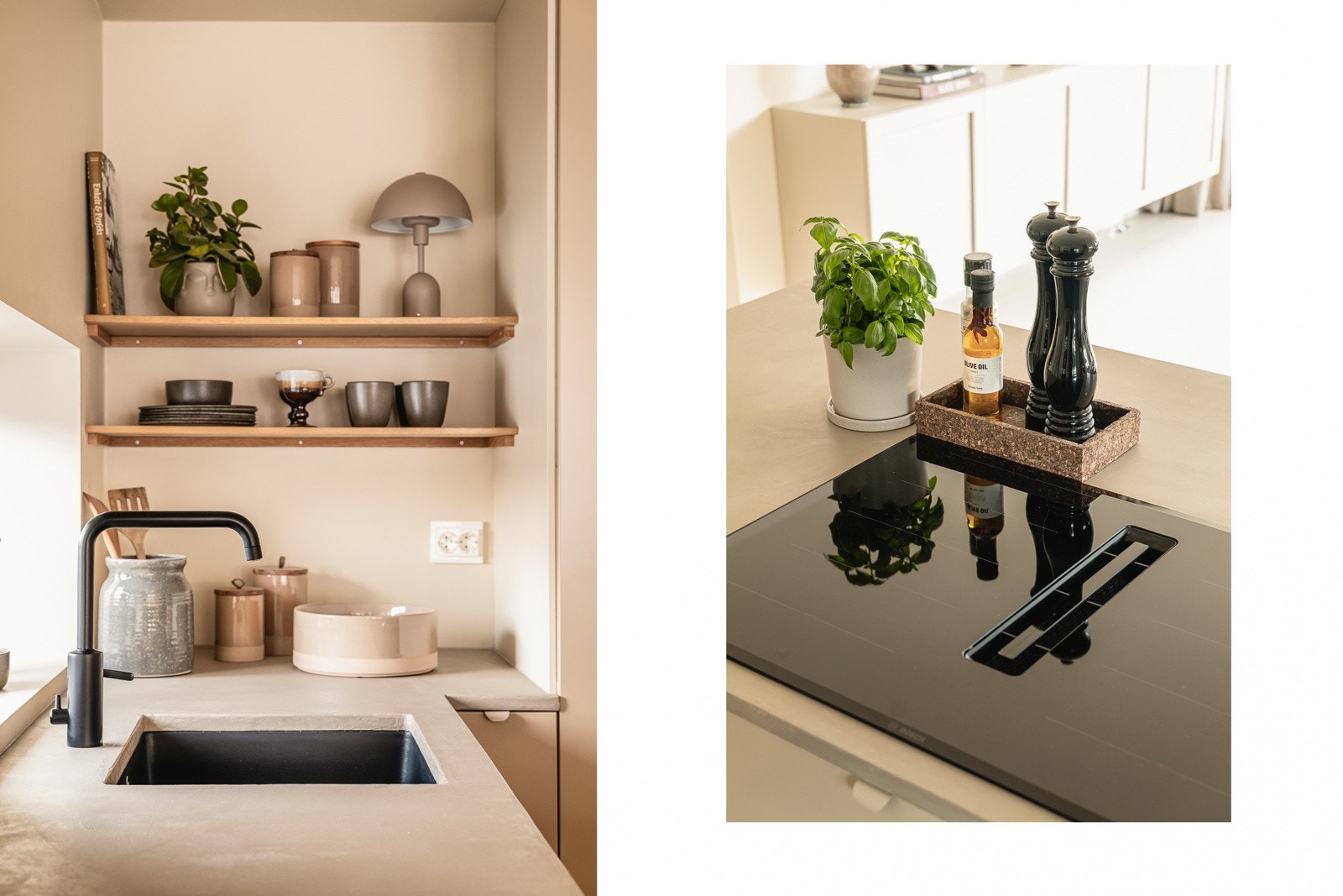 - Flotte trehyller for ekstra oppbevaring i kortvegg. Platetopp fra Kvalitetsleverandøren Bosch med vifte som går ned i platetopp - Galleribilde