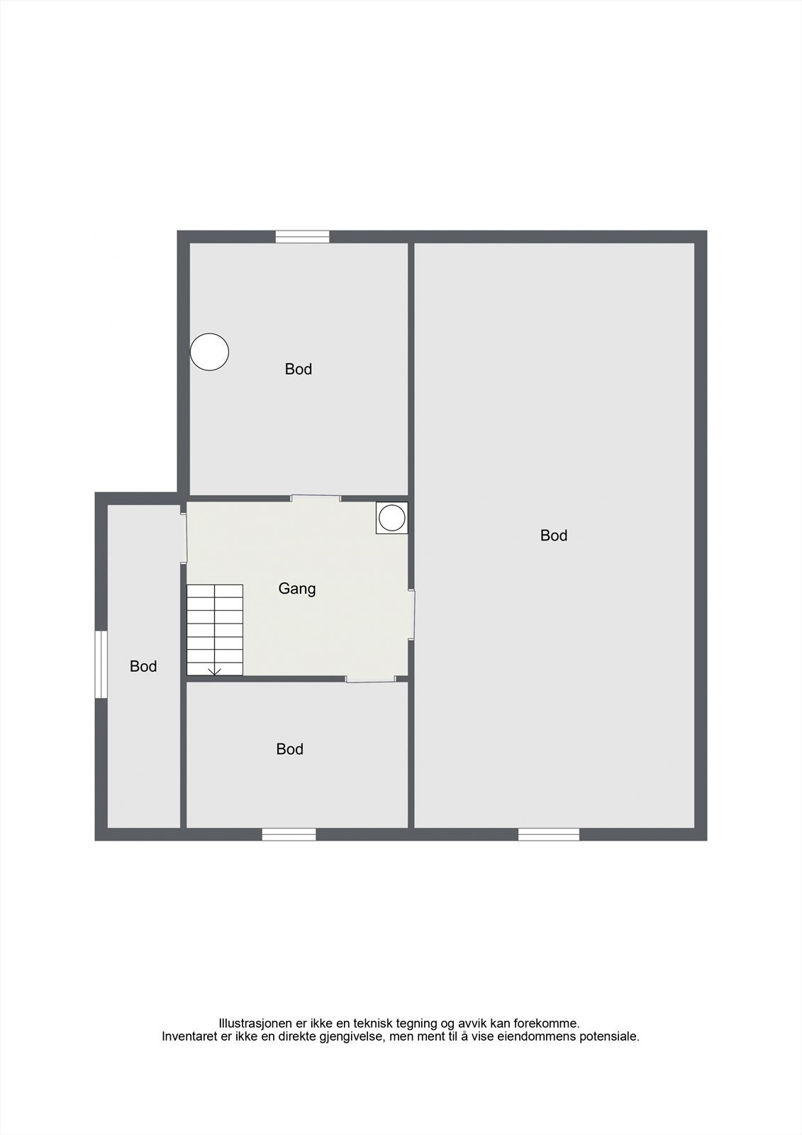 Kjelleren består av gangareal og tre romslige boder som gir rikelig med lagringsplass. Galleribilde