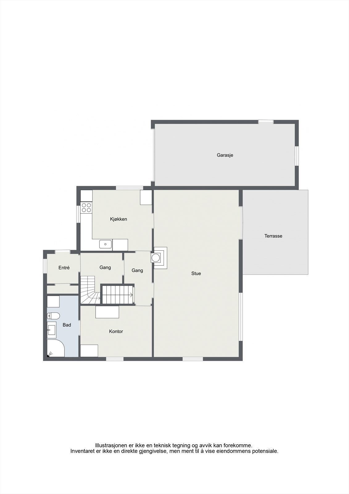 Første etasje har en praktisk planløsning med stue, kjøkken, bad og et kontor (opprinnelig soverom). Galleribilde