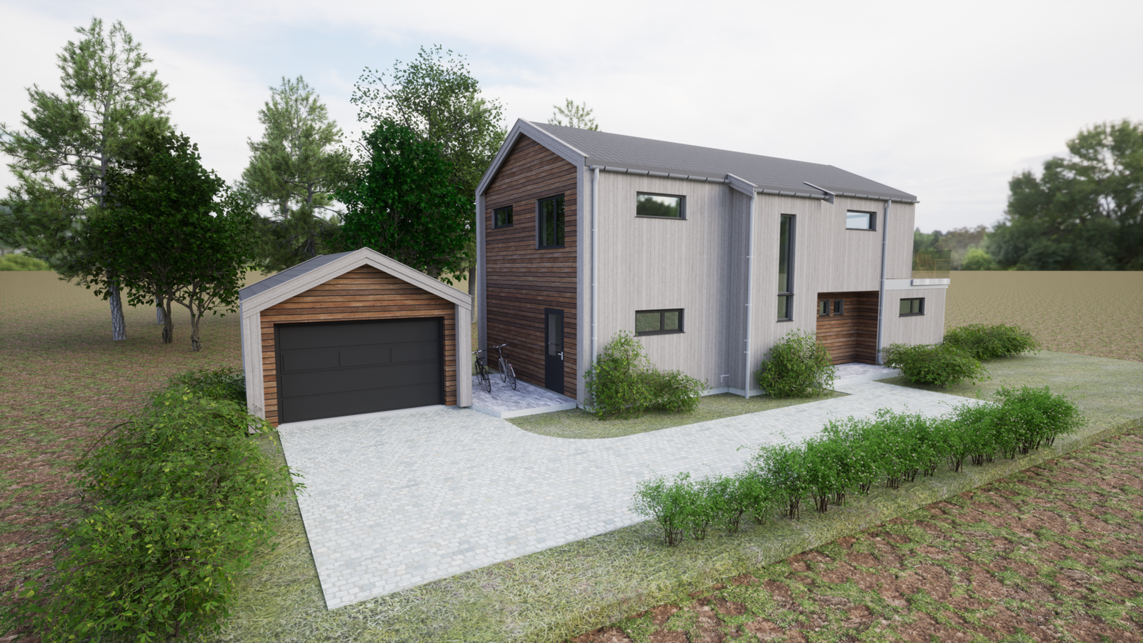 Eventyrhus står for illustrasjon av bolig. De er klare for å bli kontaktet, dersom det er ønskelig å bygge bolig og garasje som er illustrert. Galleribilde