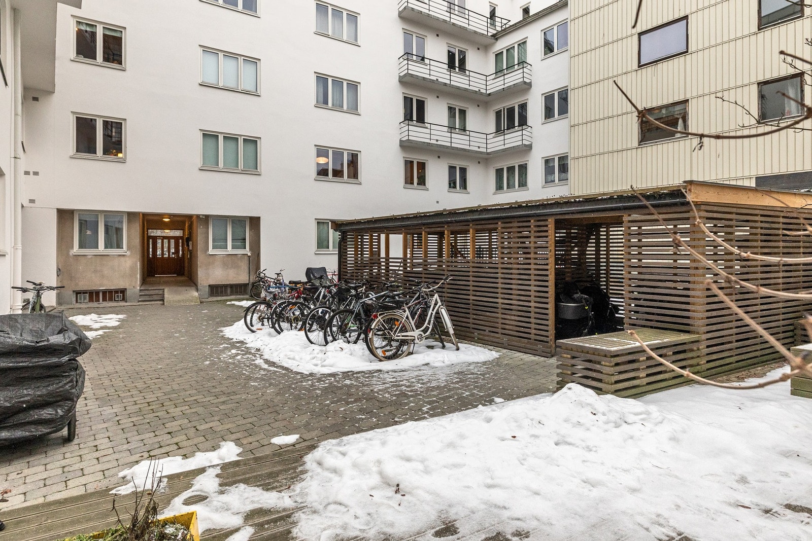 Pent oppbygget bakgård med søppel og sykkelskur. Galleribilde