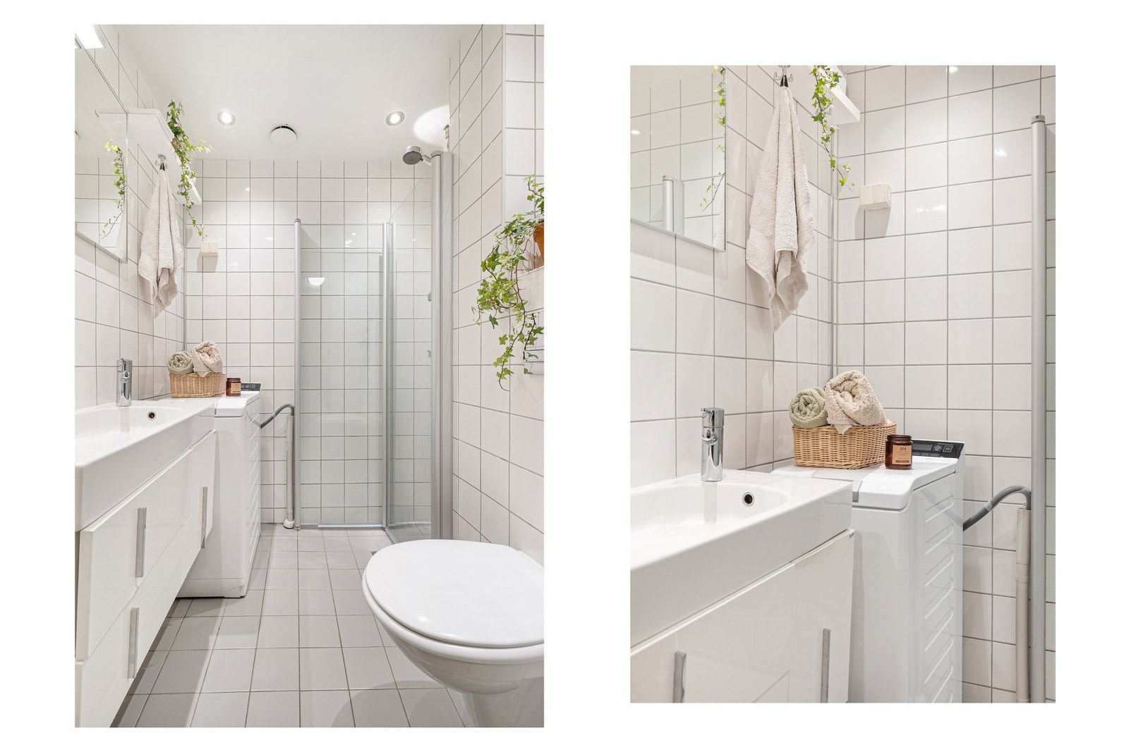 Badet er utstyrt med toalett, dusjhjørne med innfellbare dusjvegger og opplegg for vaskemaskinen. Galleribilde