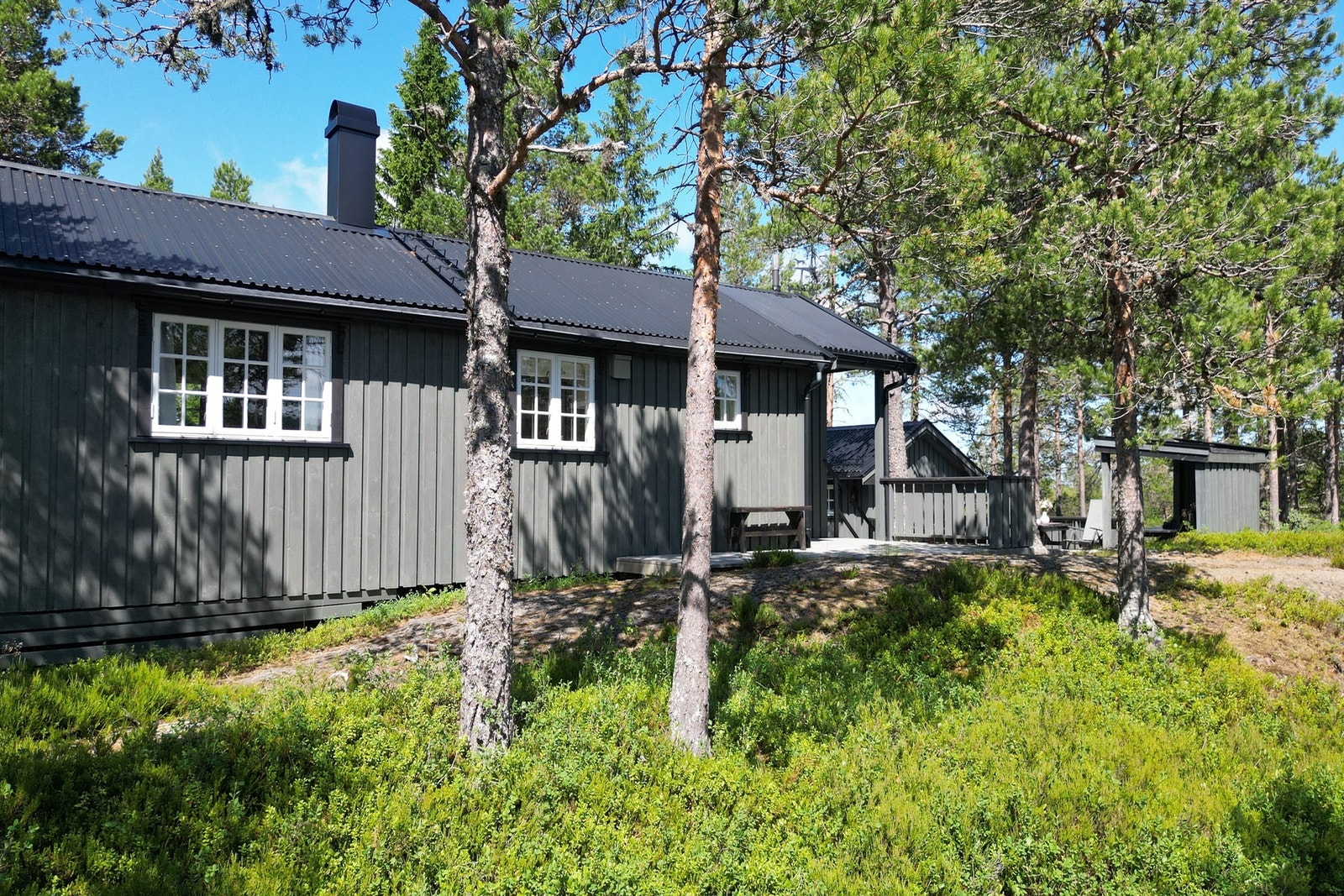 Hytten ligger på en høyde og har utsikt over både vannet og mot Åsen. Galleribilde