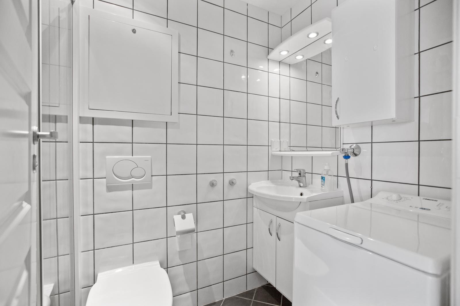 Helfliset bad med vegghengt toalett, dusj, servant og vaskemaskin. Galleribilde