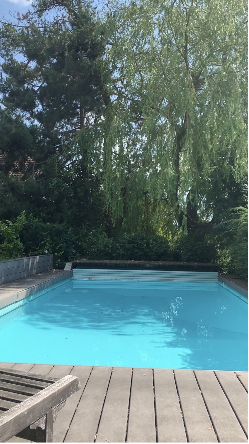 Svømmebasseng på 4x8 m i hage med glassrekkverk og tilpasset terrasseplatting. Galleribilde