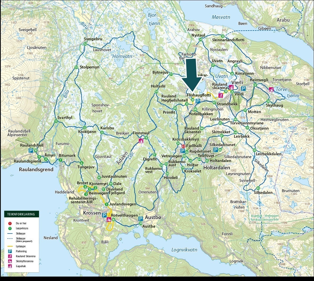 Løypekart Rauland - Rauland tilbyr et fantastisk skiterreng fra november til mai, med hele 150 km godt preparerte langrennsløyper i variert terreng. Galleribilde