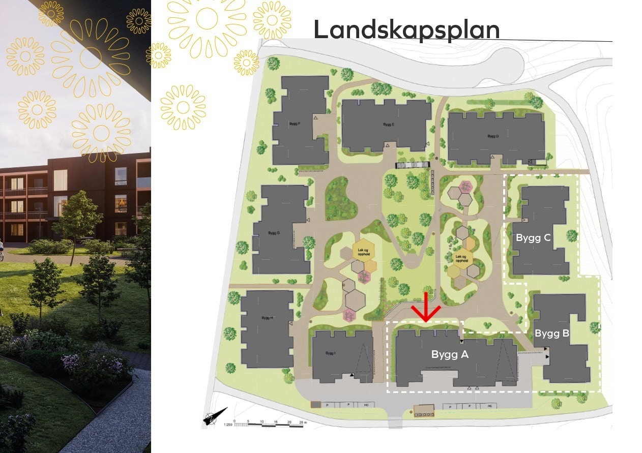 Landskapsplan for prosjektet. Herlig beliggenhet inn mot frodig parkområde! Galleribilde