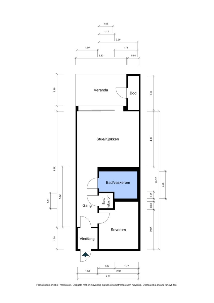 Plantegning for leiligheten viser rom og planløsning. Galleribilde