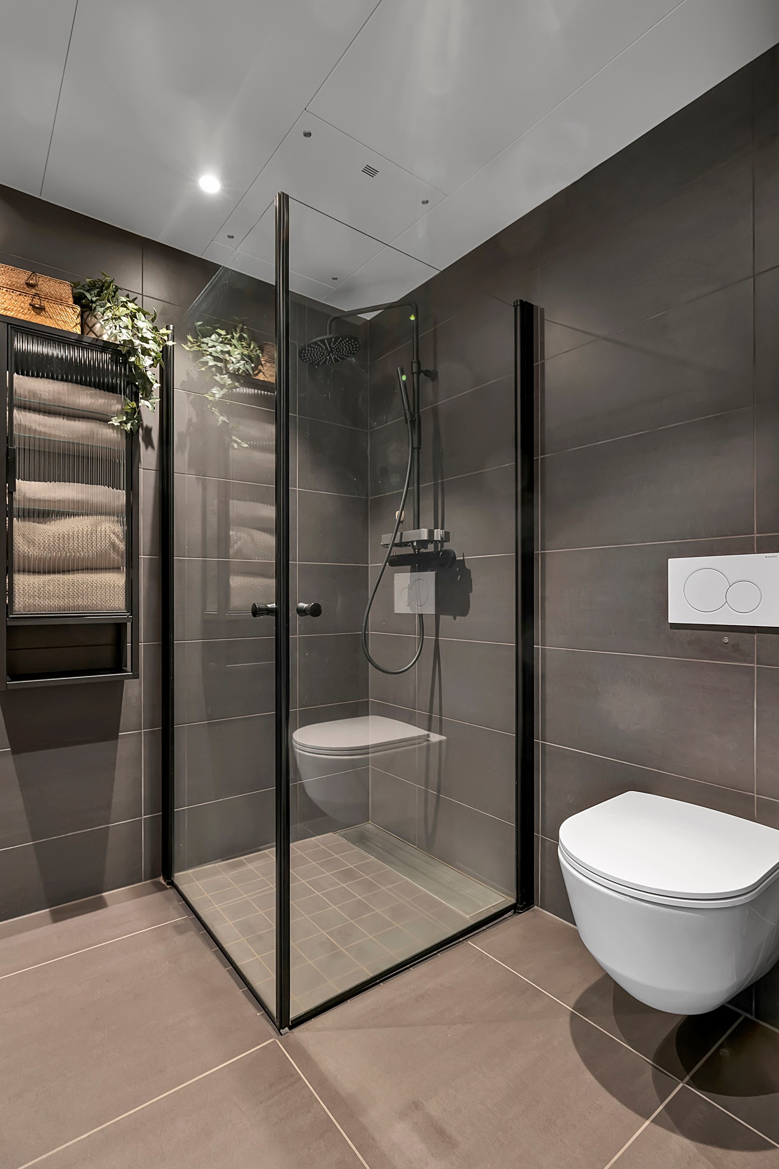 Dusjhjørne og veggopphengt toalett. Galleribilde