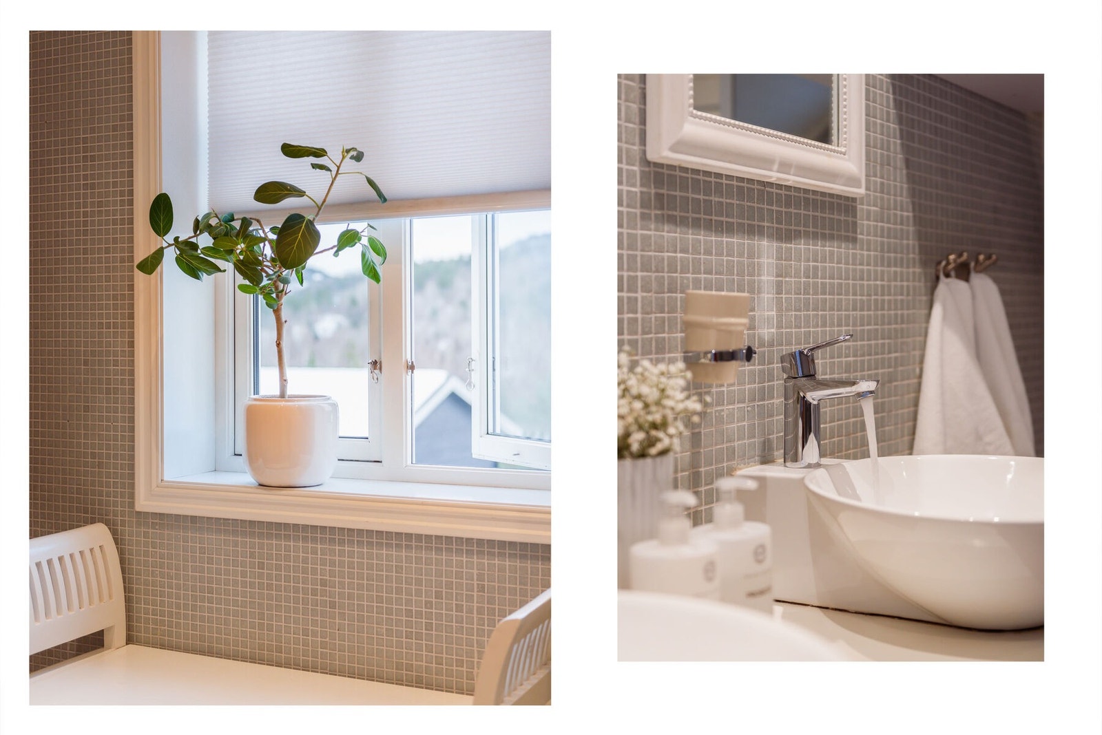 Dagslyset strømmer inn, og baderomsinnredningen består av en elegant hylleløsning med skuffer, tilhørende speil og to toppmonterte servantskåler. Galleribilde