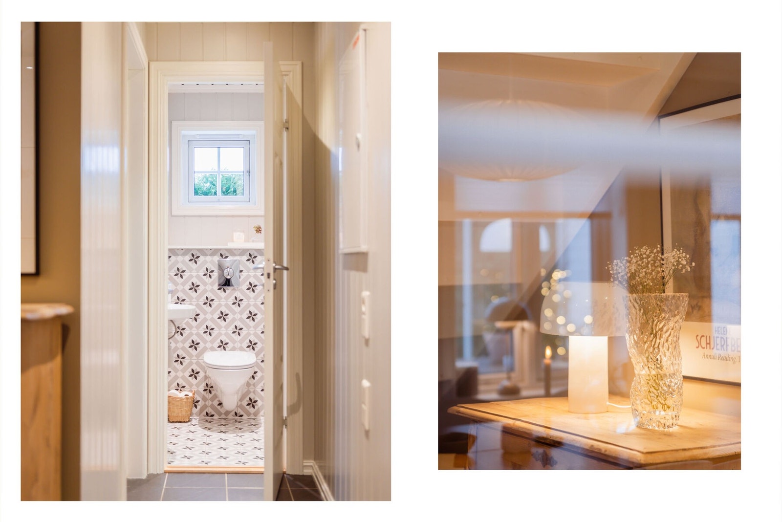 Wc-rommet har downlights, enkel servant og delikate gulvfliser i et lekkert mønster. Flisene fortsetter opp på et vegghengt toalett. Galleribilde