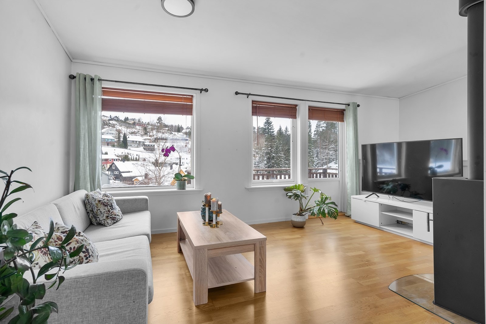 Flott utsikt fra stue/kjøkken over nærområde Galleribilde