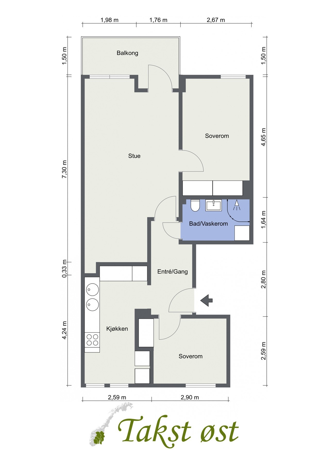 Plantegning av leiligheten. Her finnes det mange muligheter for endring om du ønsker det.
Utover overnevnte areal er det to kjellerboder på 1,8 og 2,1 m2, samt skap i tidligere kjølerom. Boder tatt med i BRA-e. Galleribilde