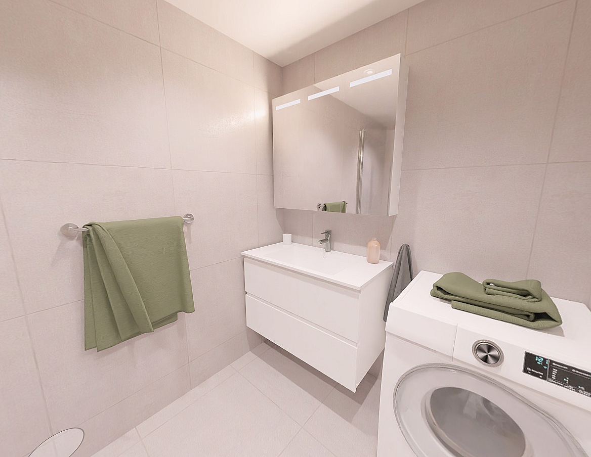 Lekkert bad med storformat-fliser (60x60), moderne innredninger og opplegg for vaskemaskin. Badet er også oppgradert fra standard, med oppgradert toalett, skuffeinnredning og blandebatteri i dusjen. Galleribilde