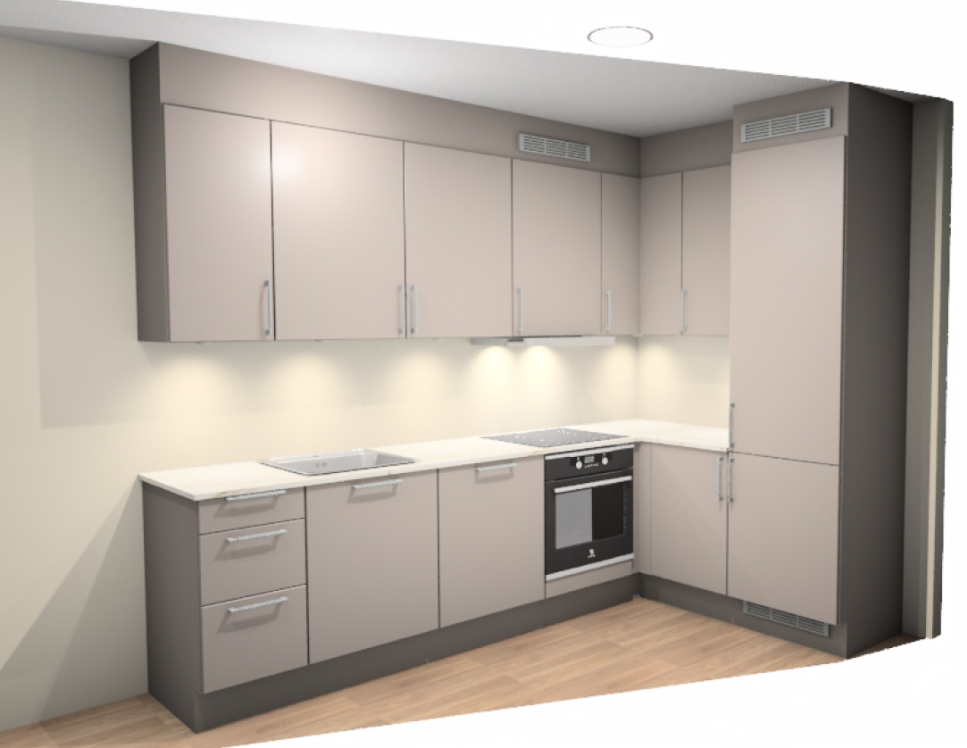 Kjøkkenet er vesentlig oppgradert fra standard, med bla. farge endret til lys mokka, oppgraderte hvitevarer og oppgradert benkeplate. Galleribilde