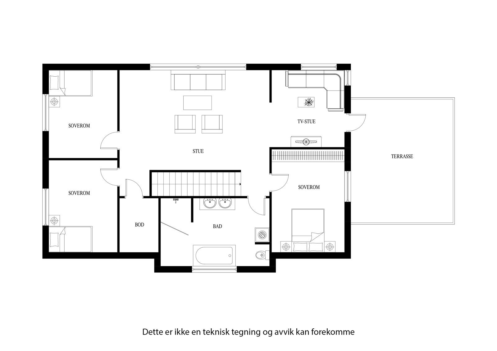 Planløsning for 2.etasje - her kan det med enkle grep gjøres om til flere soverom Galleribilde