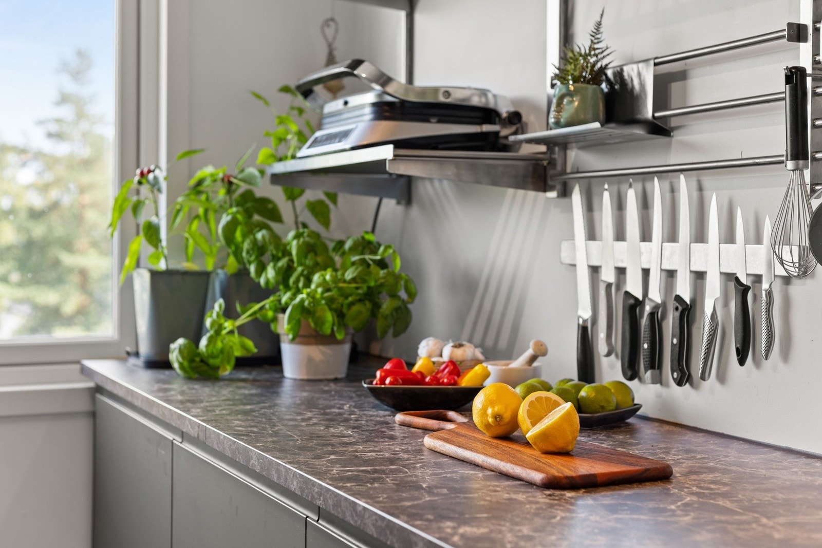 Kjøkkenet er utstyrt med kjøl-/fryseskap, oppvaskmaskin og stekeovn. Benkeplater på begge sider gir gode arbeidsflater, og det er rikelig med skap- og oppbevaringsplass. Galleribilde