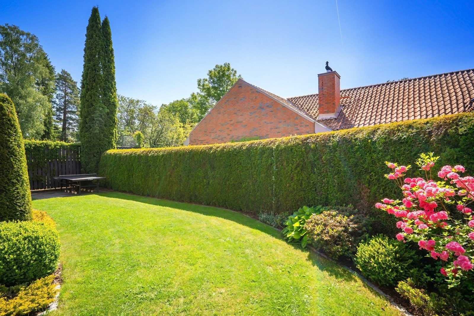 En solrik hage strekker seg rundt boligen, og er pent innrammet med hekk. Galleribilde