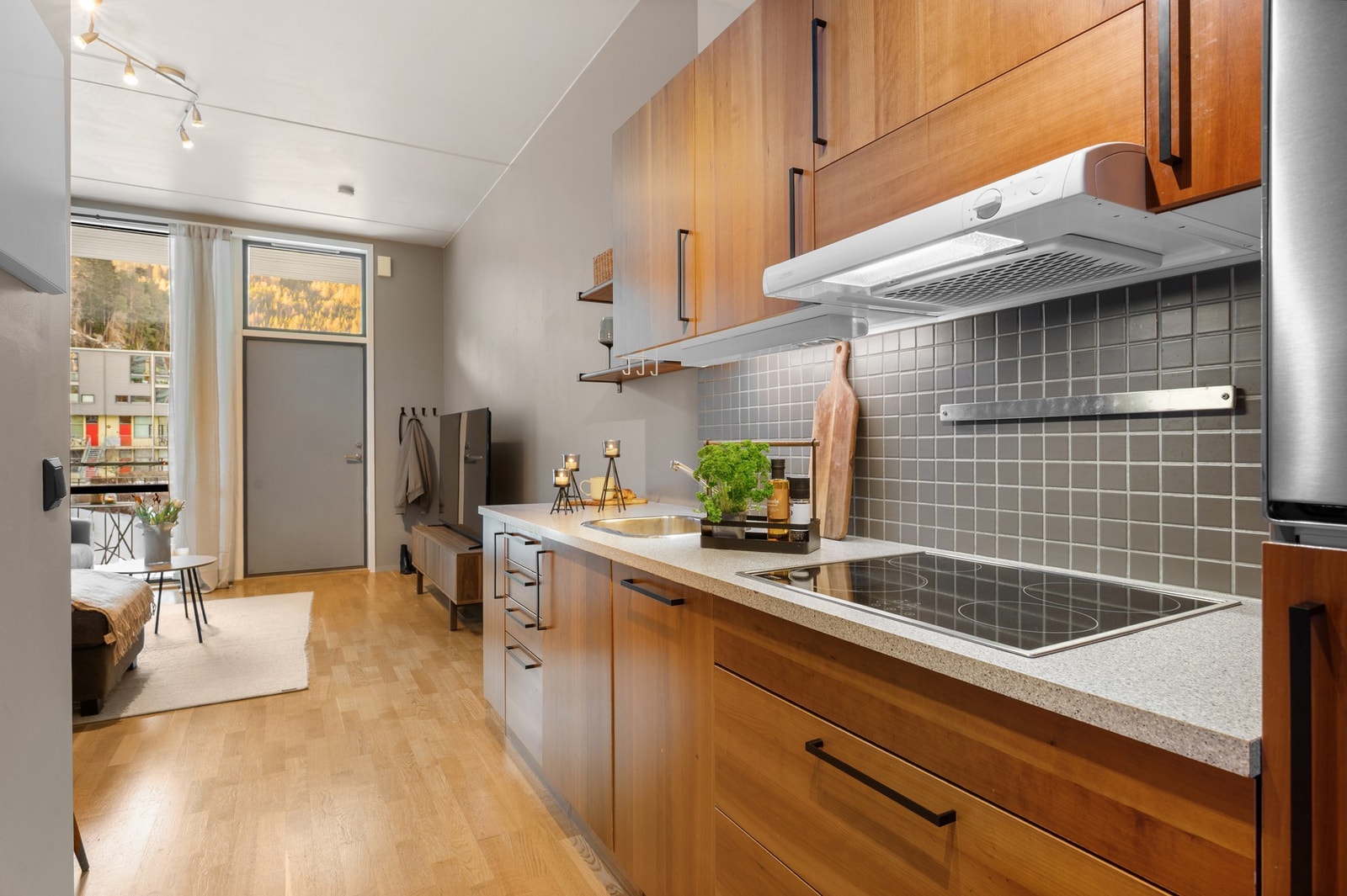 Her er det integrerte hvitevarer som stekeovn, kjøleskap og oppvaskmaskin. Galleribilde