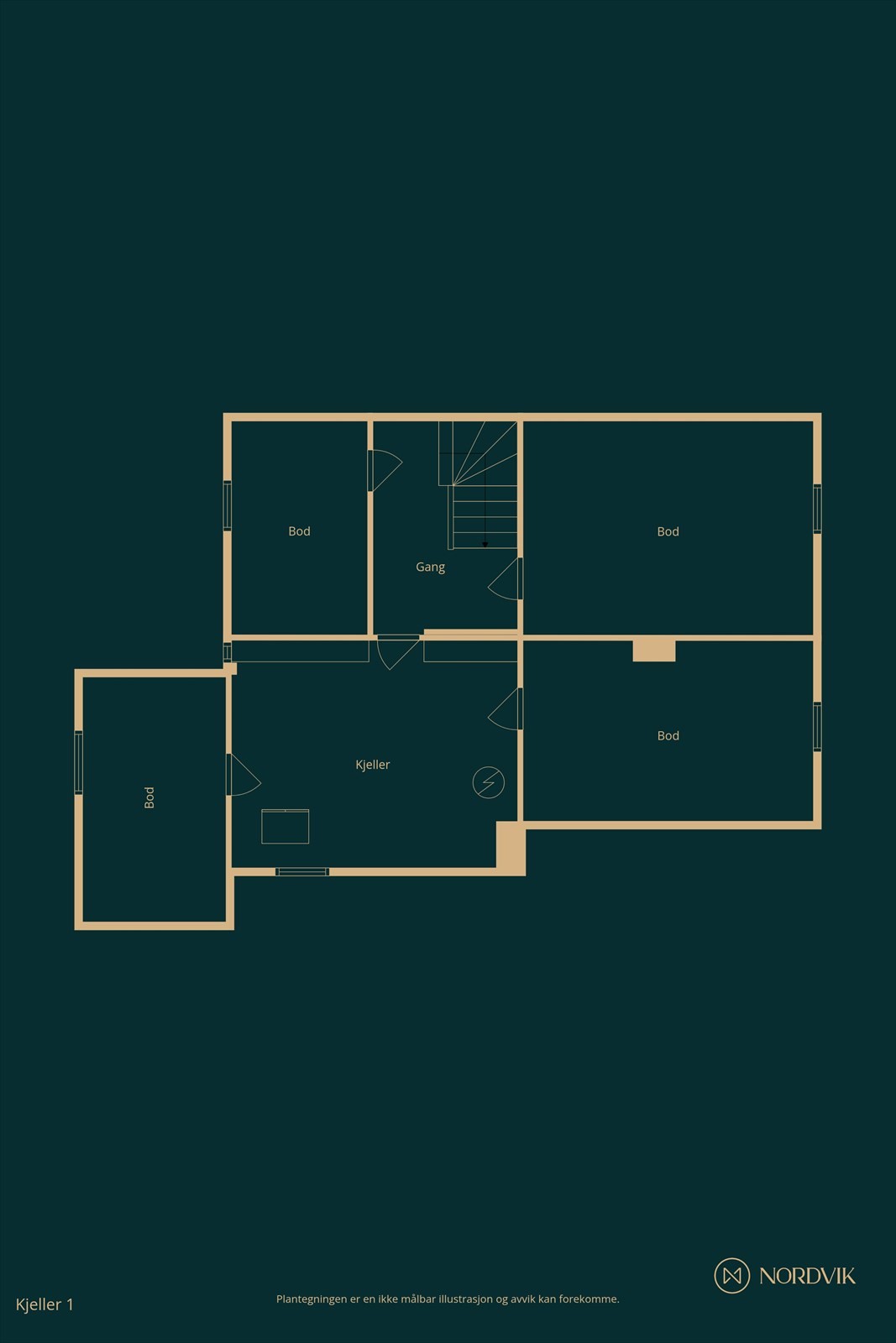 Plantegning kjeller. Kjelleretasjen består av bodrom og hobbyrom. Kjeller tilfredsstiller ikke dagens krav for varig opphold. Galleribilde