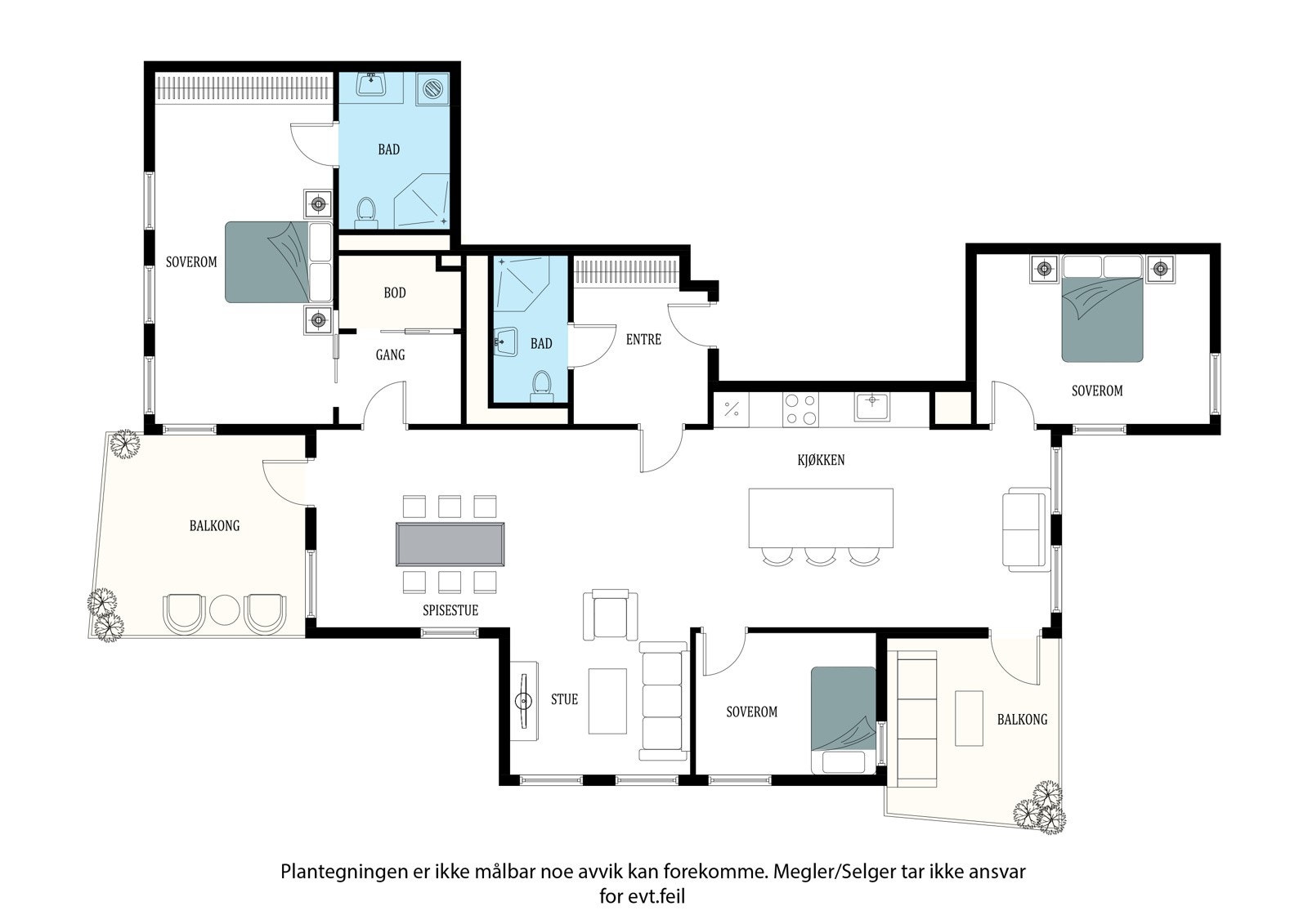 Planskisse over leiligheten som har en gjennomgående og innholdsrik planløsning fordelt over 115 kvm. Det tilhører også en sportsbod på 5 kvm. Galleribilde