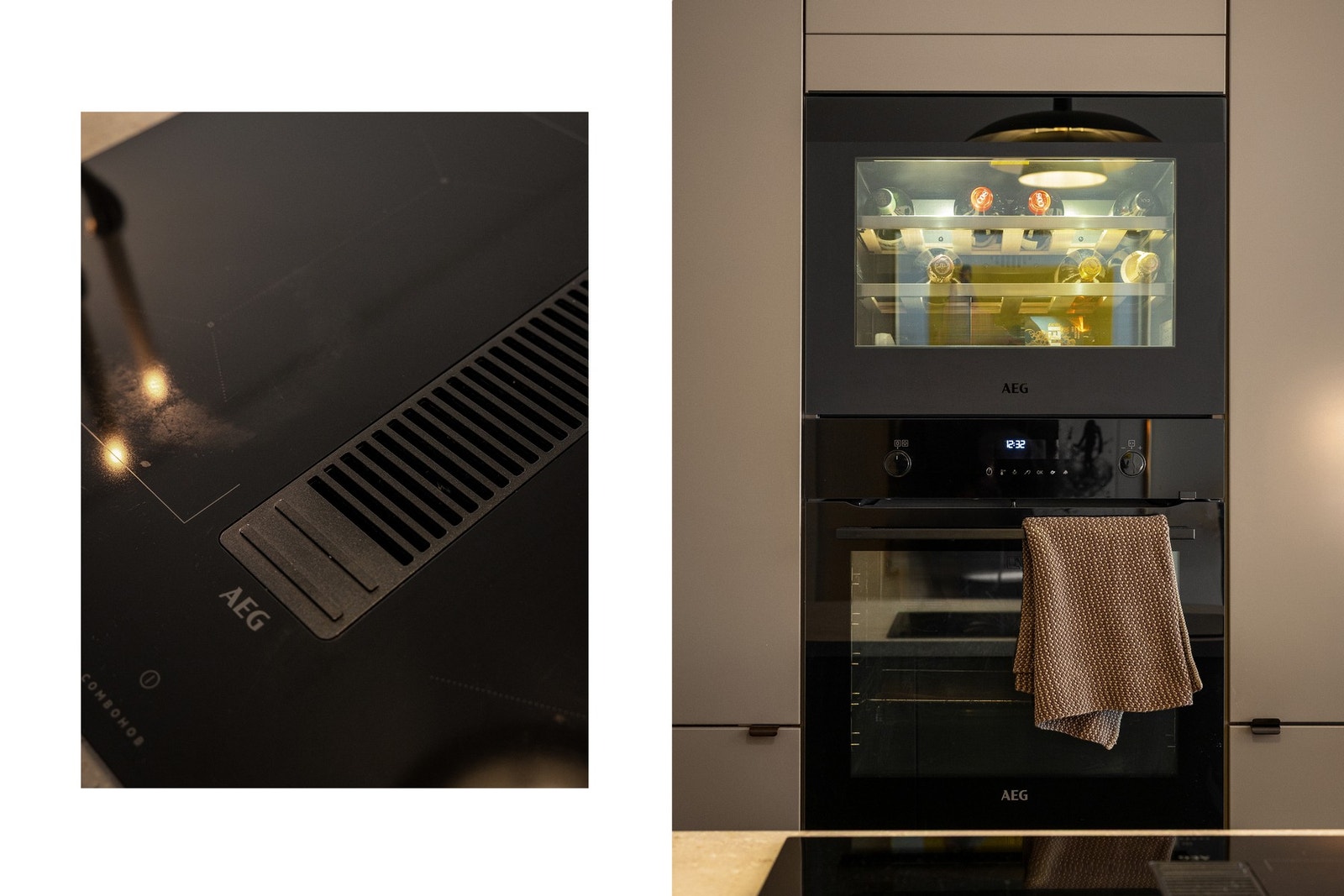 Samtlige hvitevarer som platetopp, stekeovn, oppvaskmaskin, vinskap og kjøl/frys, er integrert i innredningen for en helhetlig og funksjonell kjøkkenløsning. Galleribilde