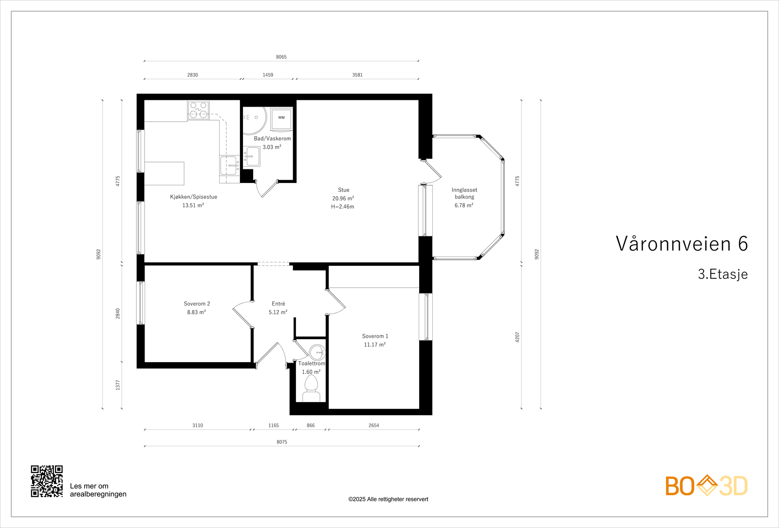 Planløsningen er arealeffektiv med to soverom, separat bad og toalettrom, og en åpen stue- og kjøkkenløsning. Galleribilde