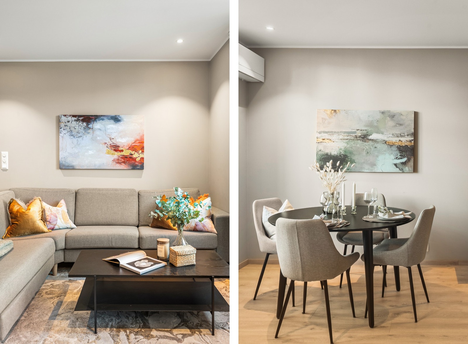 Rommets utforming gir fleksible møbleringsmuligheter, med god plass til både sofagruppe og spisebord. Galleribilde