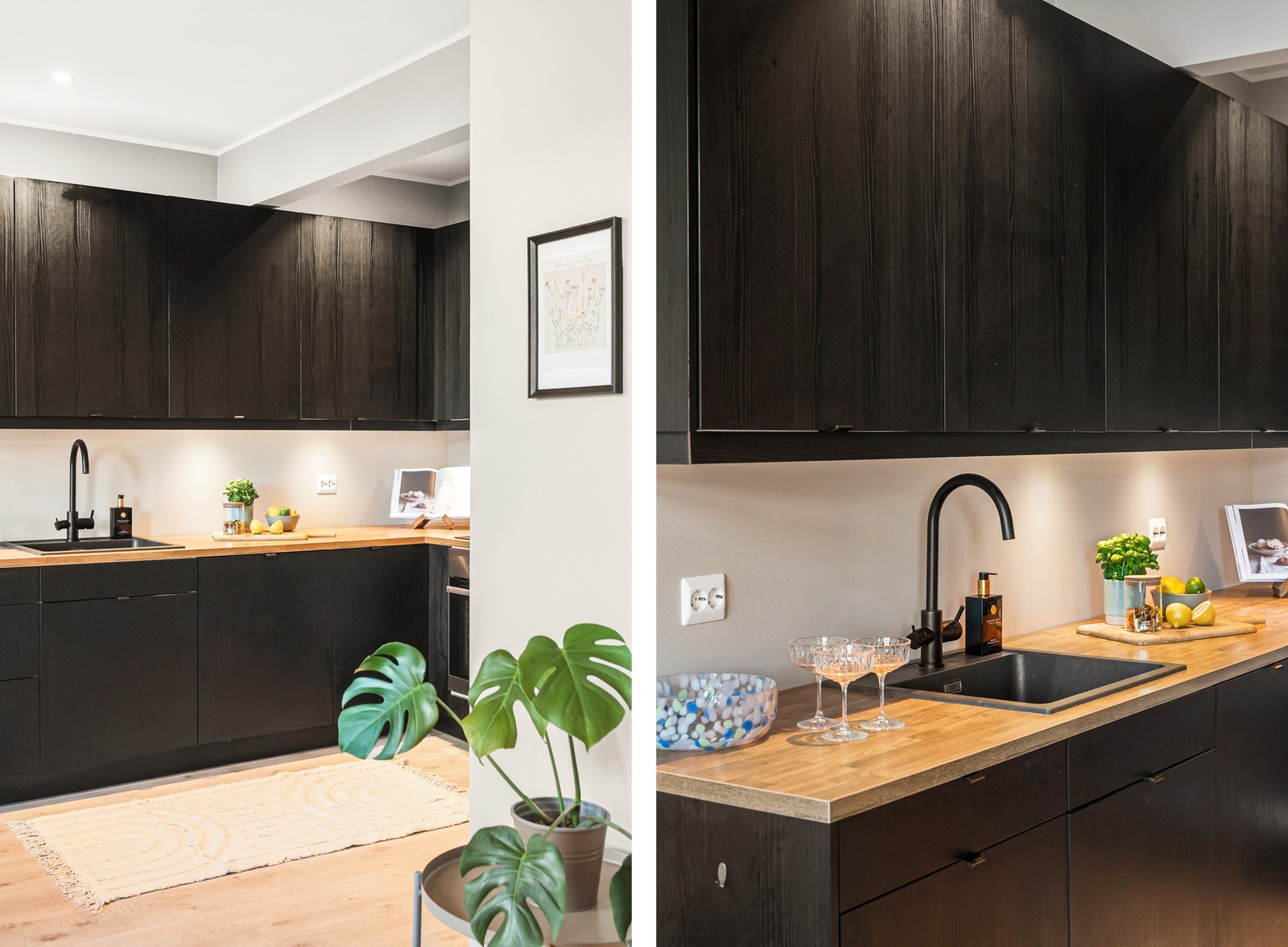 Kjøkkenet er innredet med slette fronter og heltre
benkeplate med nedfelt vask av kompositt. Galleribilde