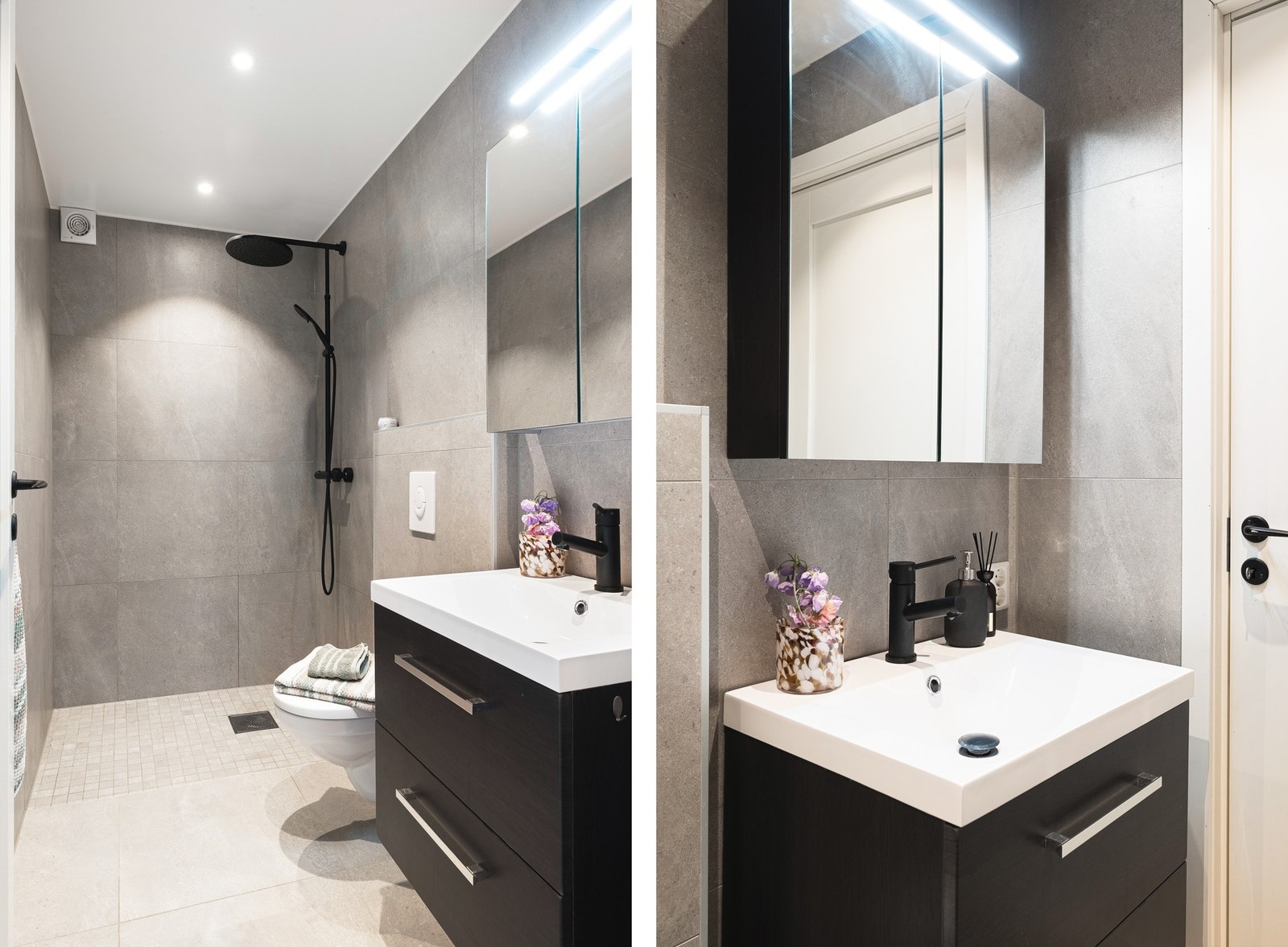 Badet er innredet med regndusj, vegghengt toalett og moderne baderomsinnredning. Galleribilde