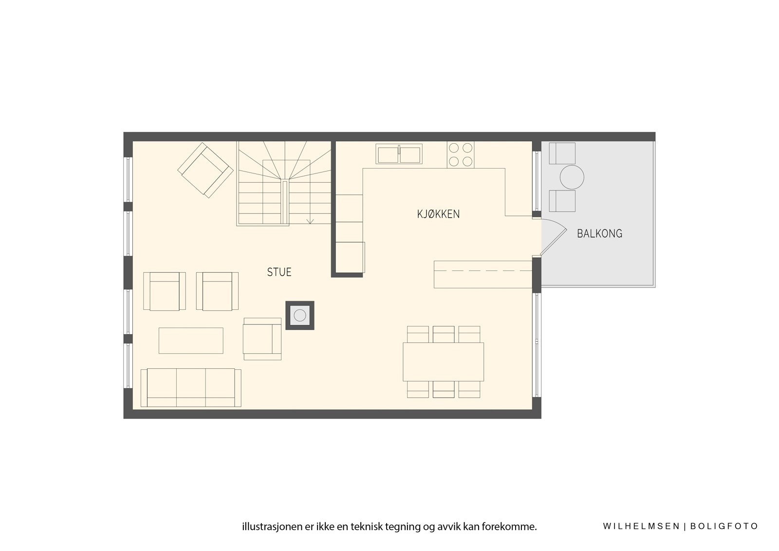 - Toppetasjen er stue og kjøkken, husets sosiale sone - Galleribilde