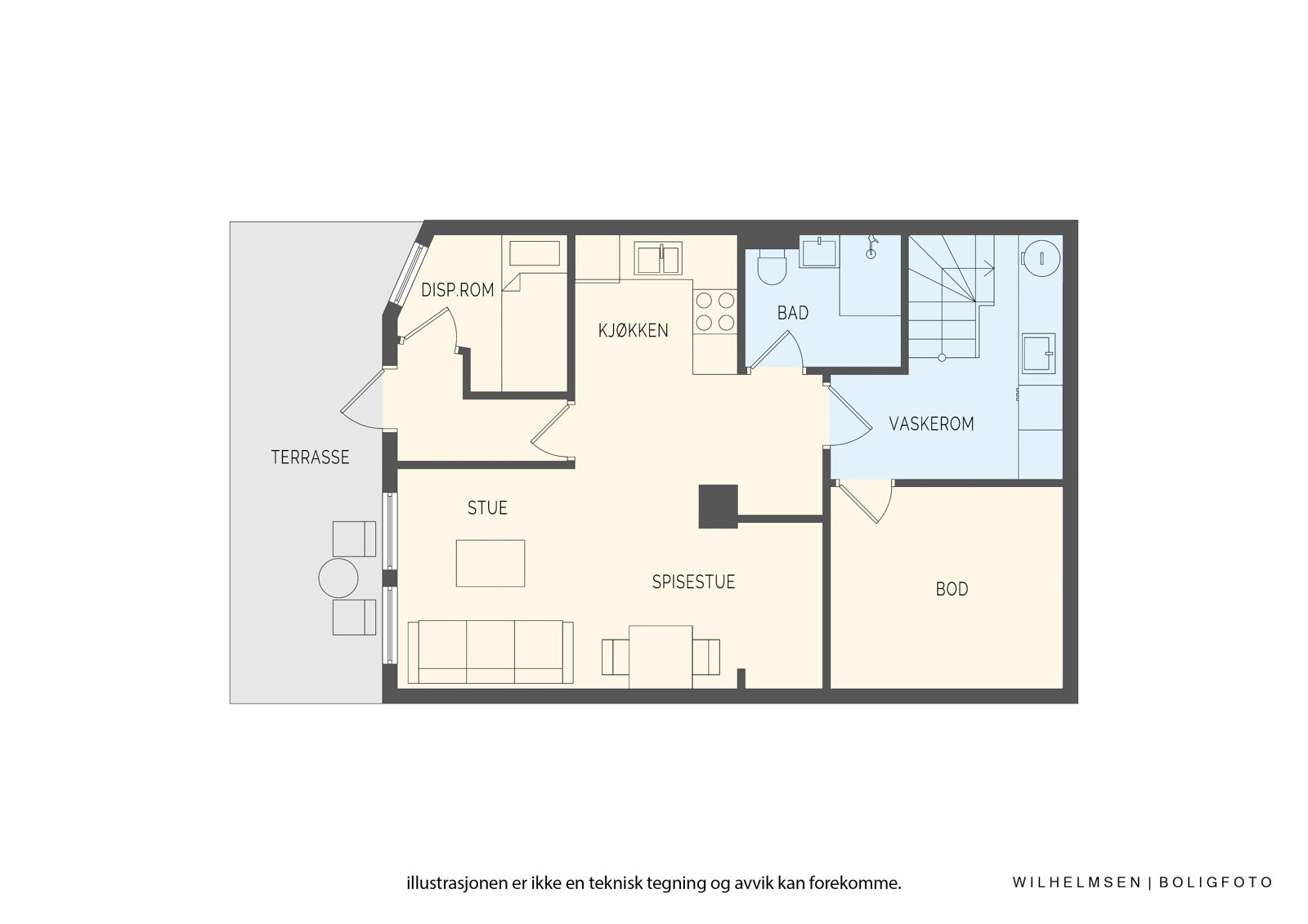- I underetasjen har du et nylaget vaskerom, romslig bod, samt en del av boligen som er tilrettelagt for utleie (deler av arealet er ikke omsøkt fra kjellerrom til areal for varlig opphold) Galleribilde